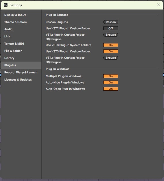 Settings → Plug-ins: VST3 включён