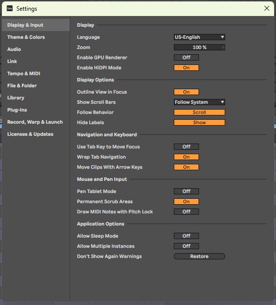 Окно Settings: список вкладок