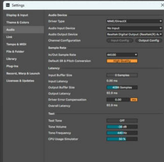 Settings → Audio с Driver Type MME/DirectX и большим буфером