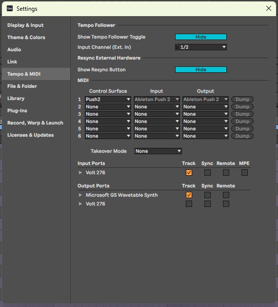 Settings, вкладка Tempo & MIDI, Control Surface Push2 в строке 1