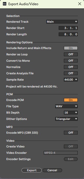 Диалог Export Audio/Video