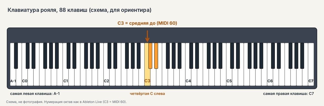 Клавиатура рояля, 88 клавиш (для ориентира), с отметкой средней до C3