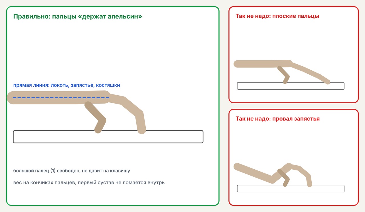 Правая рука с круглыми пальцами на клавишах