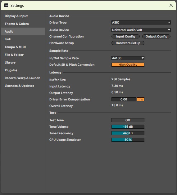 Вкладка Audio в Settings с пронумерованными областями