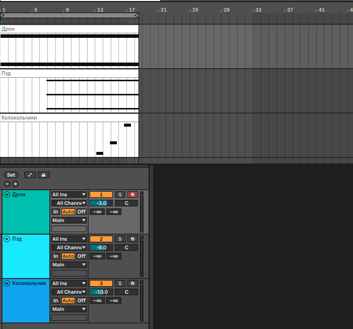Arrangement View контрольного сета с линейкой времени