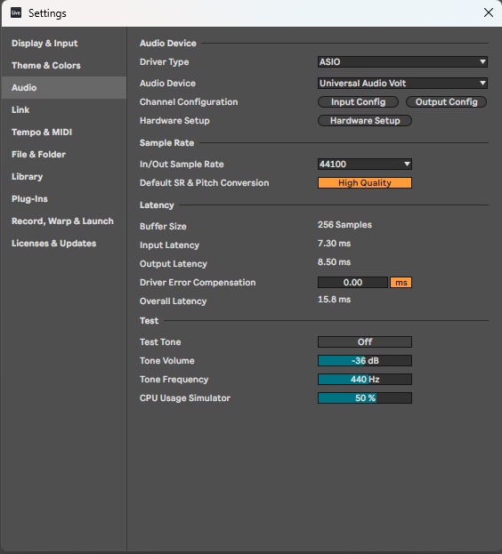 Options → Settings → Audio: драйвер, буфер и блок Test