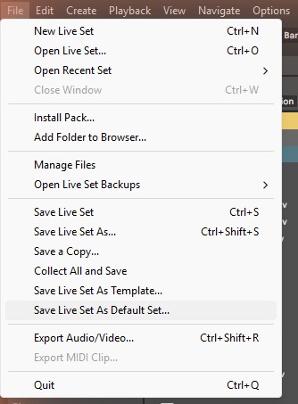 Меню File: Save Live Set As Default Set