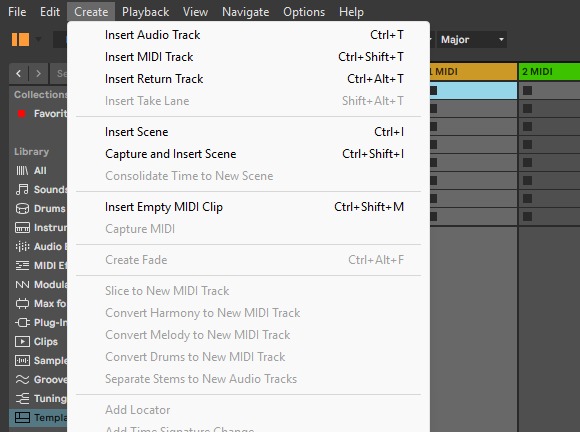 Меню Create: Insert Audio Track и Insert MIDI Track