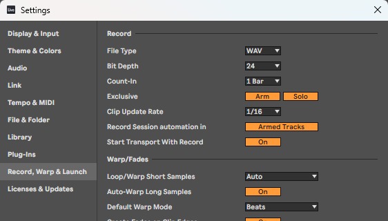 Settings → Record, Warp & Launch: Exclusive Arm и Solo