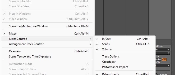 Меню View → Mixer Controls с пунктом In/Out