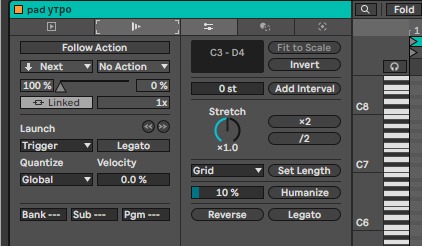 Clip View, вкладка Launch: Launch Mode, Quantization, Legato