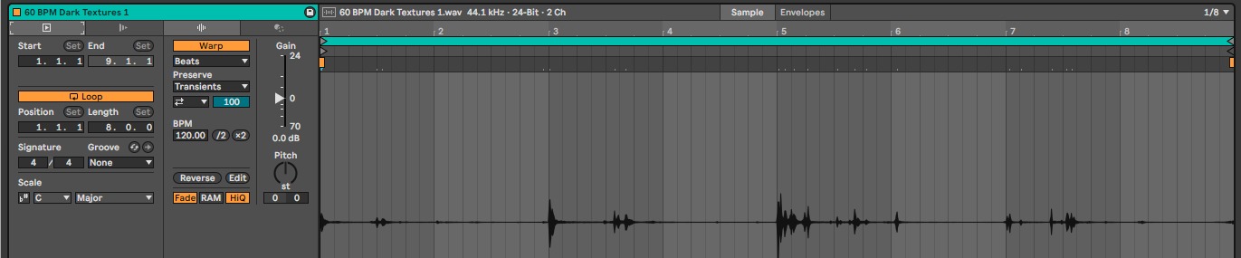 Clip View аудиоклипа: панель Clip, окно Sample и Loop Brace
