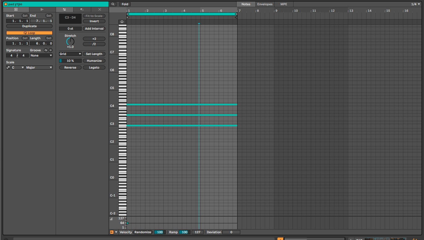 Clip View MIDI-клипа: ноты, Loop и Length