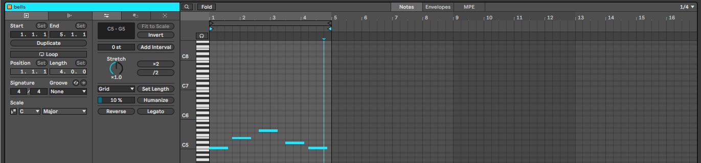 Clip View MIDI-клипа bells с выключенным Loop