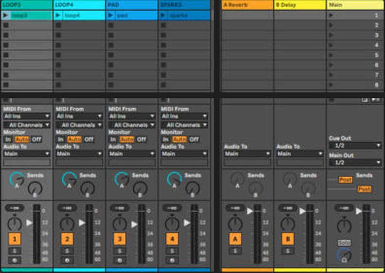 Session Live с четырьмя треками LOOP3, LOOP4, PAD, SPARKS и Return A, Return B, Main