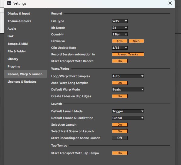 Окно Settings, раздел Record, Warp & Launch, переключатель Create Fades on Clip Edges включён