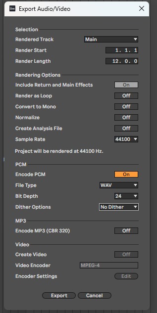 Окно Export Audio/Video: Main, WAV, 24 бита, Normalize выключено