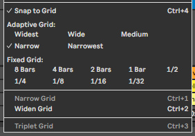 Контекстное меню Arrangement: Snap to Grid, Adaptive Grid, Fixed Grid, Narrow, Widen и Triplet Grid