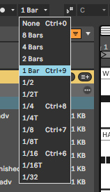 Меню Global Quantization в Control Bar: None, 8 Bars, 4 Bars, 2 Bars, 1 Bar, 1/2, 1/4, 1/8, 1/16, 1/32 и триольные значения