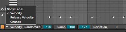 Меню Show Lane над нижней полосой Piano Roll: Velocity, Release Velocity, Chance