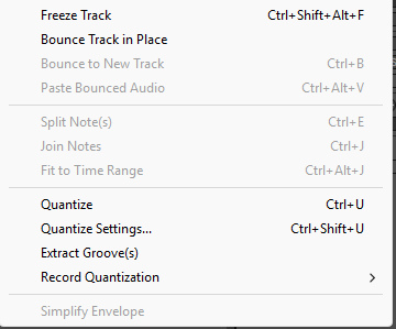 Меню Edit: блок Quantize, Quantize Settings, Extract Groove(s), Record Quantization, Split Note(s), Join Notes
