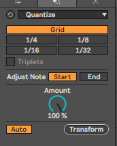 Панель Quantize: сетки 1/4, 1/8, 1/16, 1/32, Triplets, Adjust Note Start и End, ручка Amount 100 %, кнопки Auto и Transform