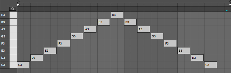 Piano Roll со включённой кнопкой Fold: ноты C мажора C3 D3 E3 F3 G3 A3 B3 C4 вверх и вниз, по одной на долю