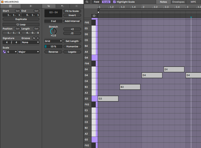 Piano Roll после Fit to Scale: нота F4 превратилась в E4