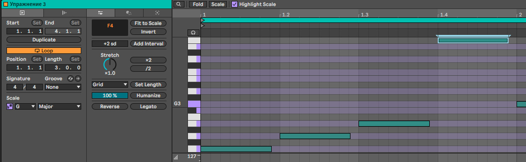 Piano Roll клипа с гаммой G Major и включённой подсветкой: строки гаммы окрашены, нота F4 стоит на неподсвеченной строке