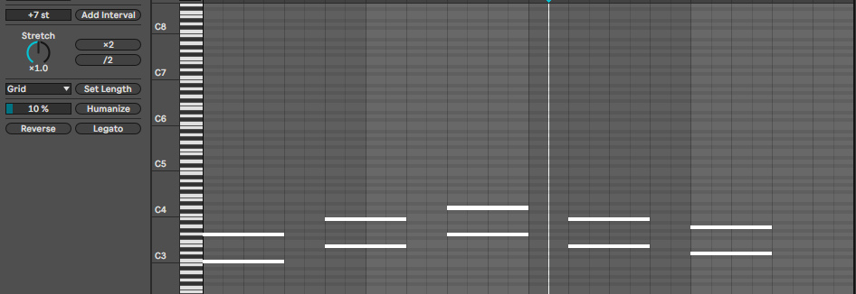 Piano Roll после Add Interval +7 st: к каждой ноте мотива добавлена нота на квинту выше