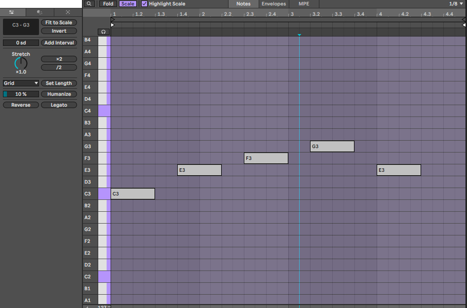 Piano Roll после Fit to Scale в C мажоре: нота F#3 превратилась в F3