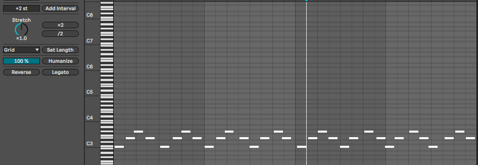 Piano Roll после Humanize 100 %: короткие ноты быстрой сетки сдвинуты случайным образом