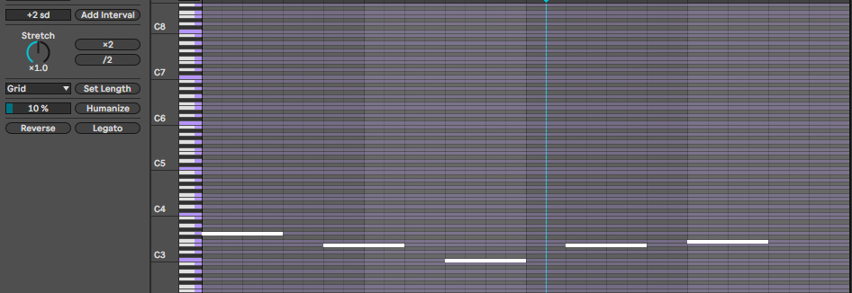 Piano Roll после Invert в C мажоре: мотив C E G E D превратился в G E C E F