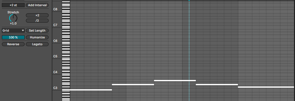 Piano Roll после Legato: каждая нота растянута до начала следующей, последняя до конца петли
