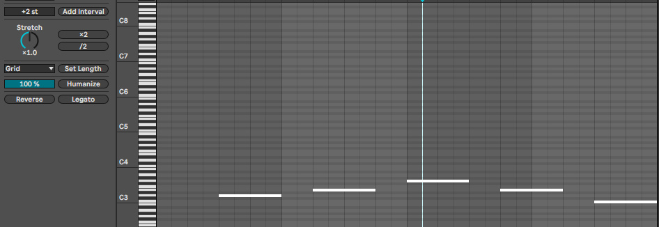 Piano Roll после Reverse: мотив читается с конца, D3 E3 G3 E3 C3