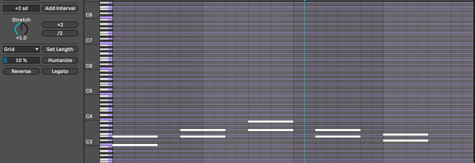 Piano Roll после Add Interval +2 sd в C мажоре: к каждой ноте мотива добавлена нота на две ступени гаммы выше