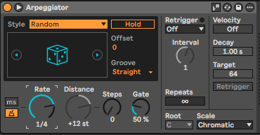 Эффект Arpeggiator в Live: Style Random, Rate 1/4, Distance +12 st, Steps 0, Gate 50 %, Retrigger, Velocity, Root, Scale