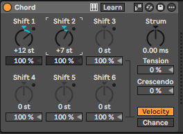 Эффект Chord в Live: ручки Shift 1 и Shift 2 со значениями +12 st и +7 st, Strum, Tension, Crescendo, Velocity и Chance