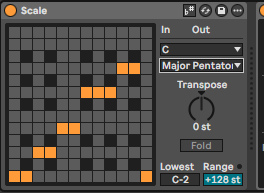 Эффект Scale в Live: сетка 12 на 12, Base C, Name Major Pentatonic, Transpose, Fold, Lowest, Range