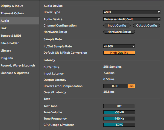Окно Settings, вкладка Audio: драйвер ASIO, устройство Universal Audio Volt, частота 44100, Buffer Size 256 Samples, Input Latency 7,30 мс, Output Latency 8,50 мс, Overall Latency 15,8 мс