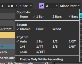 Меню метронома в Control Bar: Count-in None, 1 Bar, 2 Bars, 4 Bars; Sound Classic, Click, Wood; Rhythm Auto и деления; Enable Only While Recording