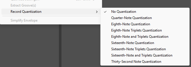 Меню Edit, подменю Record Quantization: No Quantization (отмечено), Quarter-Note, Eighth-Note, Sixteenth-Note и другие деления