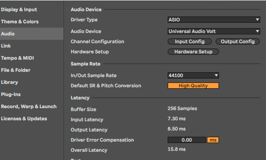 Options → Settings → Audio на компьютере автора курса: драйвер ASIO, интерфейс Universal Audio Volt, Buffer Size 256 Samples, Overall Latency 15,8 мс