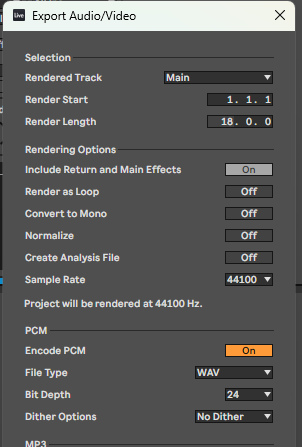 Окно Export Audio/Video: Rendered Track — Main, Render Start и Render Length, Normalize выключен, File Type WAV, Bit Depth 24