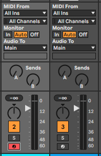 Нижняя часть MIDI-дорожки с кнопками Monitor, Solo, Arm и Track Activator, пронумерованные области
