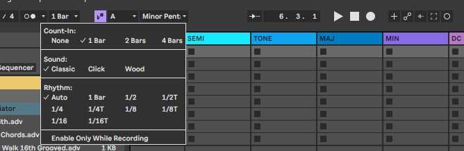 Control Bar с открытым меню метронома и пронумерованными областями