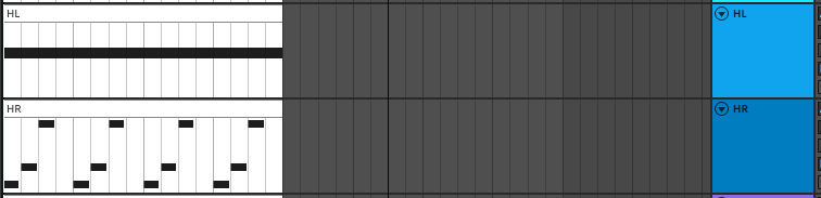 Arrangement View учебного сета: дорожка HL с одной длинной нотой C1 (левая рука) и дорожка HR с короткими нотами C3, D3, G3 (правая рука), оба клипа по 4 такта