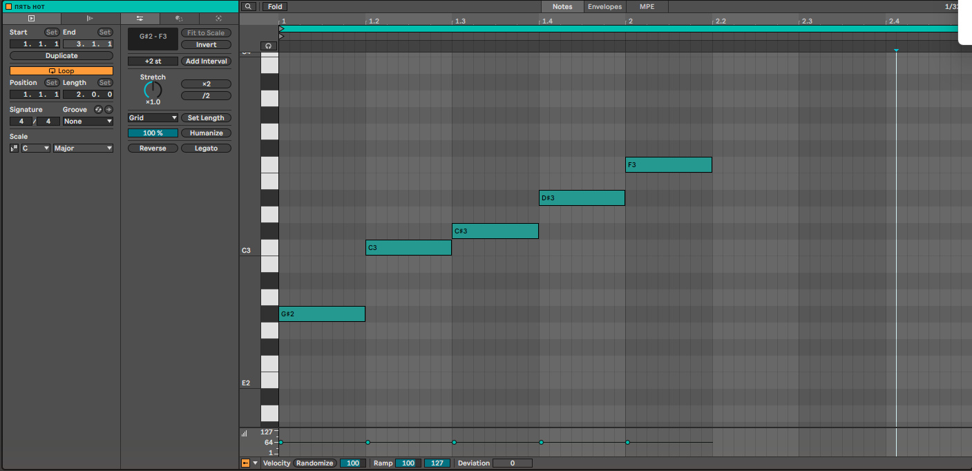 Piano Roll: пять нот одна за другой, по одной на долю, от самой низкой к самой высокой.