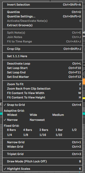 Контекстное меню Piano Roll по правому щелчку на сетке: Snap to Grid (Ctrl+4), Adaptive Grid и Fixed Grid, Narrow Grid и Widen Grid, Triplet Grid