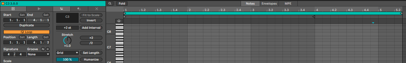 Clip View MIDI-клипа: блок Loop с включённым переключателем Loop, полями Position и Length (в Length значение 4.1.2) и Loop Brace над Piano Roll